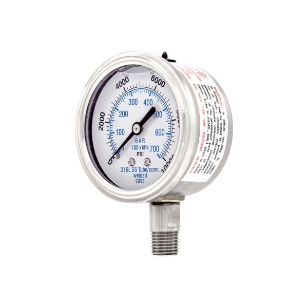 Engineered Specialty Products, Inc PIC Gauges 2.5" All Stainless Pressure Gauge, 1/4" NPT, 0/10,000 PSI, Glycerine Fill, LM, 301L-254U 301L-254U - main